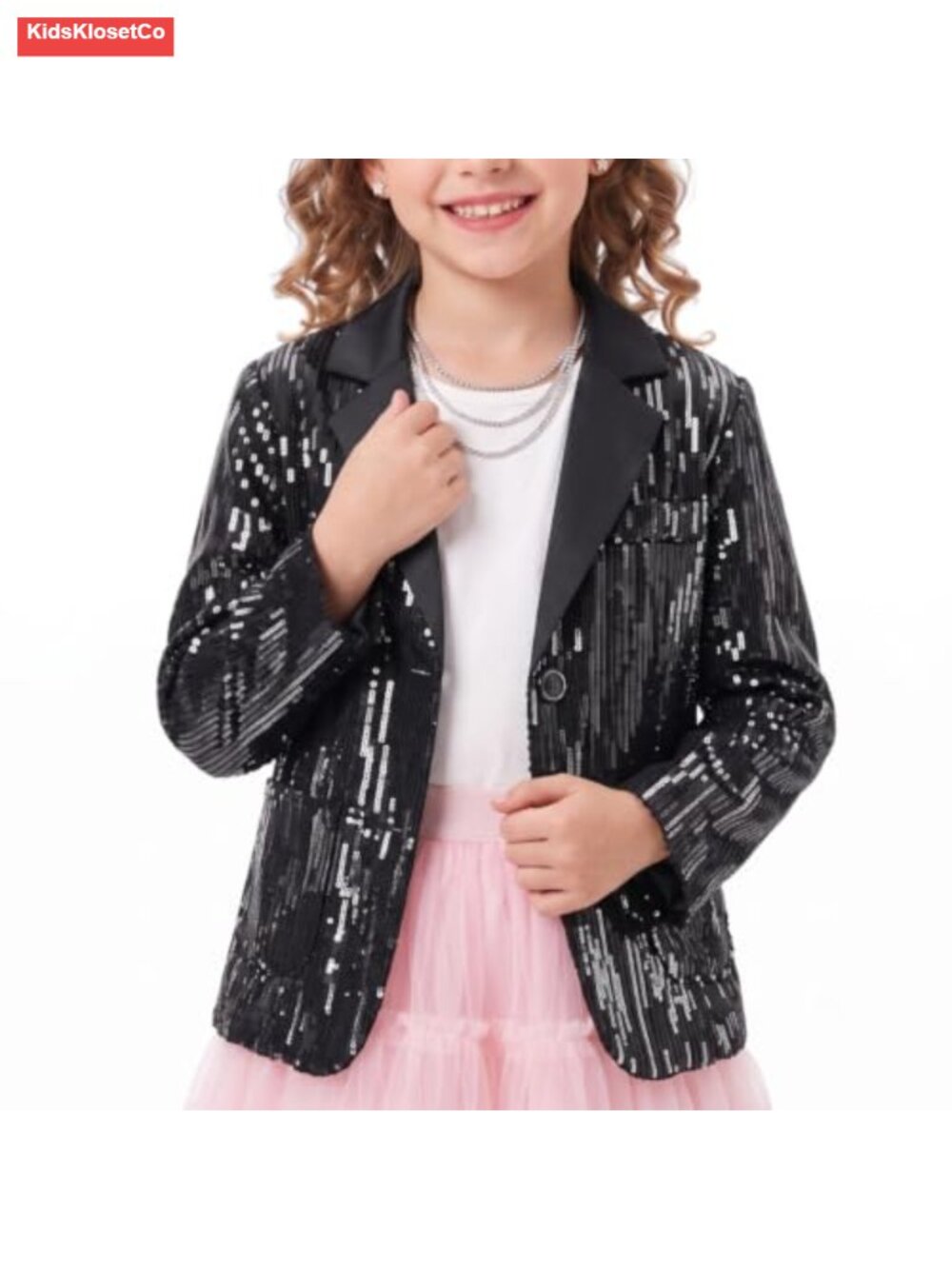 Girls Sequin Blazer Jacket Long Sleeve Notched Lapel Button Down Suit Coat with